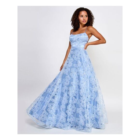 SAY YES TO THE Womens Light Blue Up Back Mesh Ruffle Accents Dress Juniors 1\2 - Picture 1 of 4